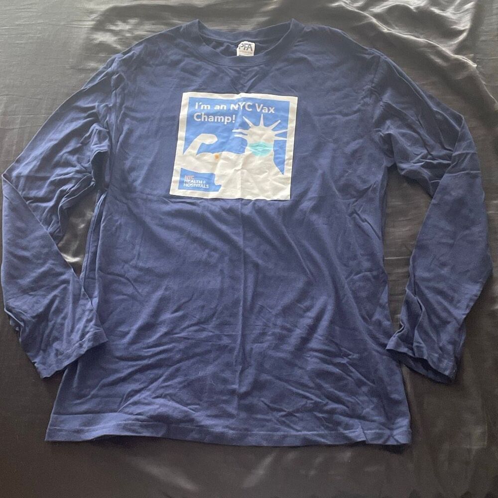 New York Statue of Liberty nyc vax champ health hospital blue tshirt one size